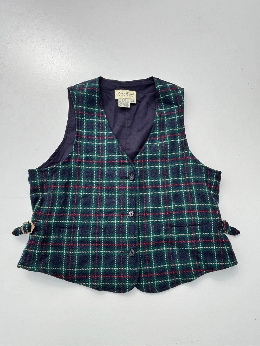 Eddie Bauer Womens Vintage Navy, Green Wool Plaid Button Down Vest M